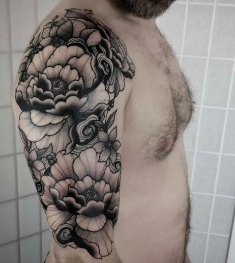 Grey Ink Flowers Chest And Sleeve Tattoo For Men