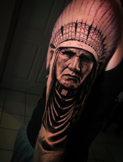 Tattoo tagged with: black and grey, calf, big, sergiofernandez, native  american, facebook, twitter, portrait | inked-app.com