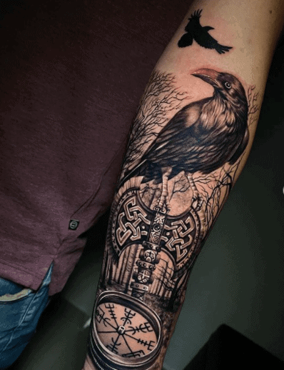 Tattoo uploaded by Marvoy  Raven sketch inkwork forearm tattoo   Tattoodo