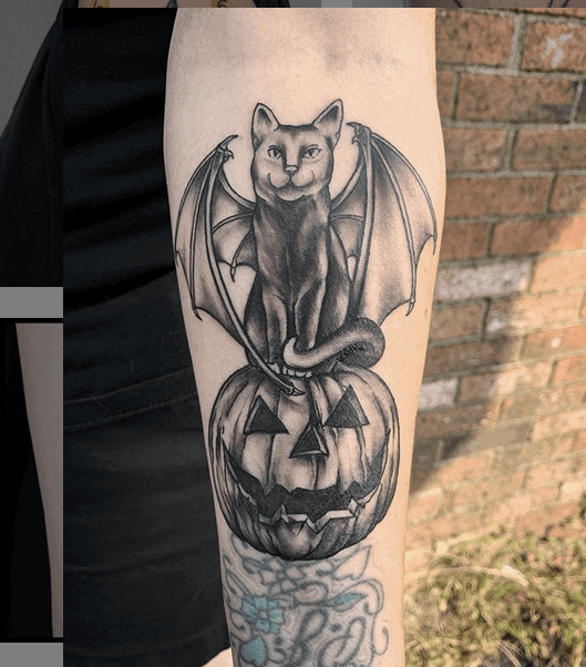 Tattoo uploaded by Tattoodo  Tattoo by Christina Hock ChristinaHock  HalloweenTattoos Halloween Samhain spooky trickortreat cat bowtie  color traditional  Tattoodo