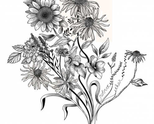 Black and Grey Botanical Bouqet of Flowers Tattoo Design