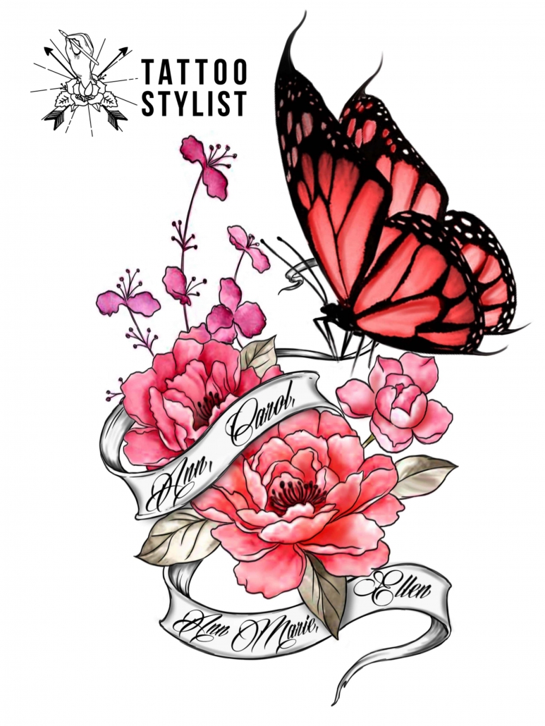 Color Peonies Butterfly Tattoo Design