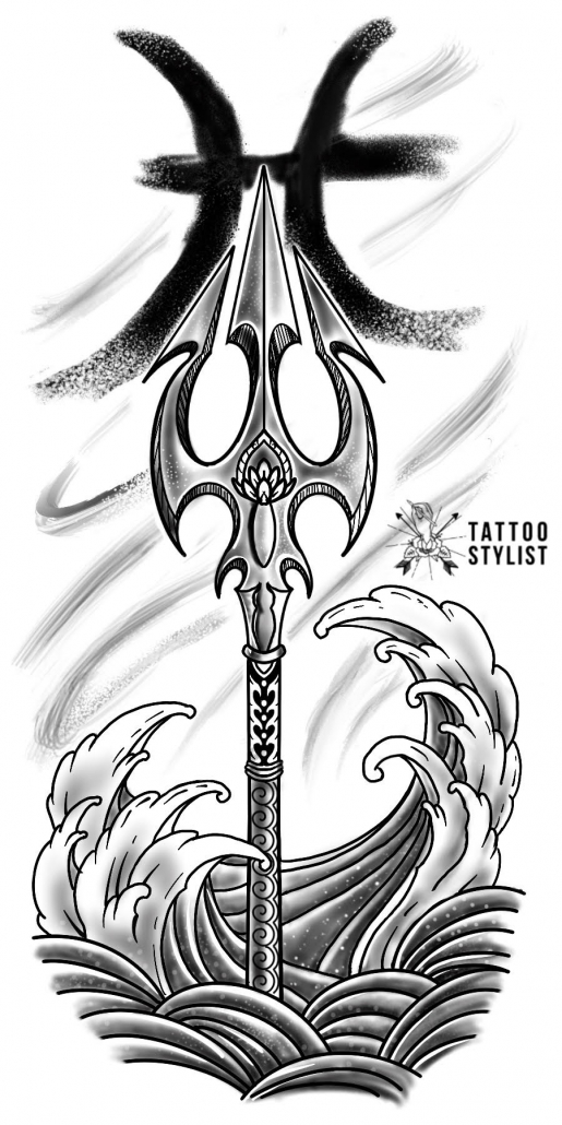 Scepter Out Of The Waves Tattoo Design