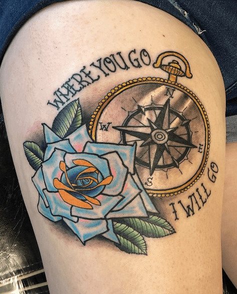 Wherever you go trad compass tattoo by @davidronin tattoos