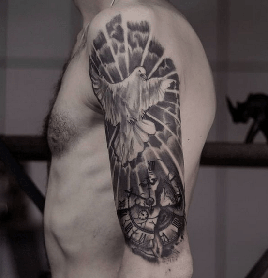Realistic black and gray dove with rays and clouds by Sorin Gabor TattooNOW