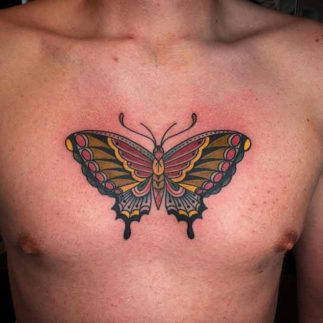 Dotwork Butterfly Tattoo On Man Chest