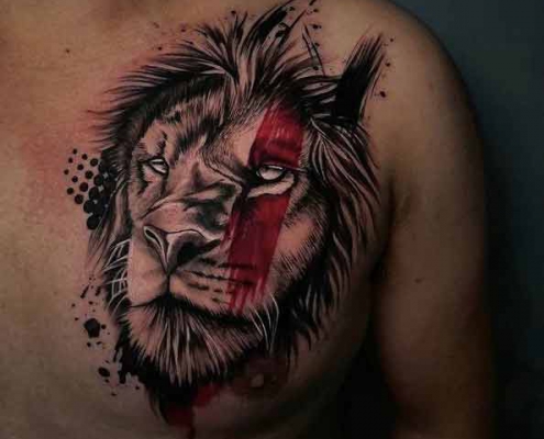 Chest trashpolka lion tattoo by @julio_tatuajes