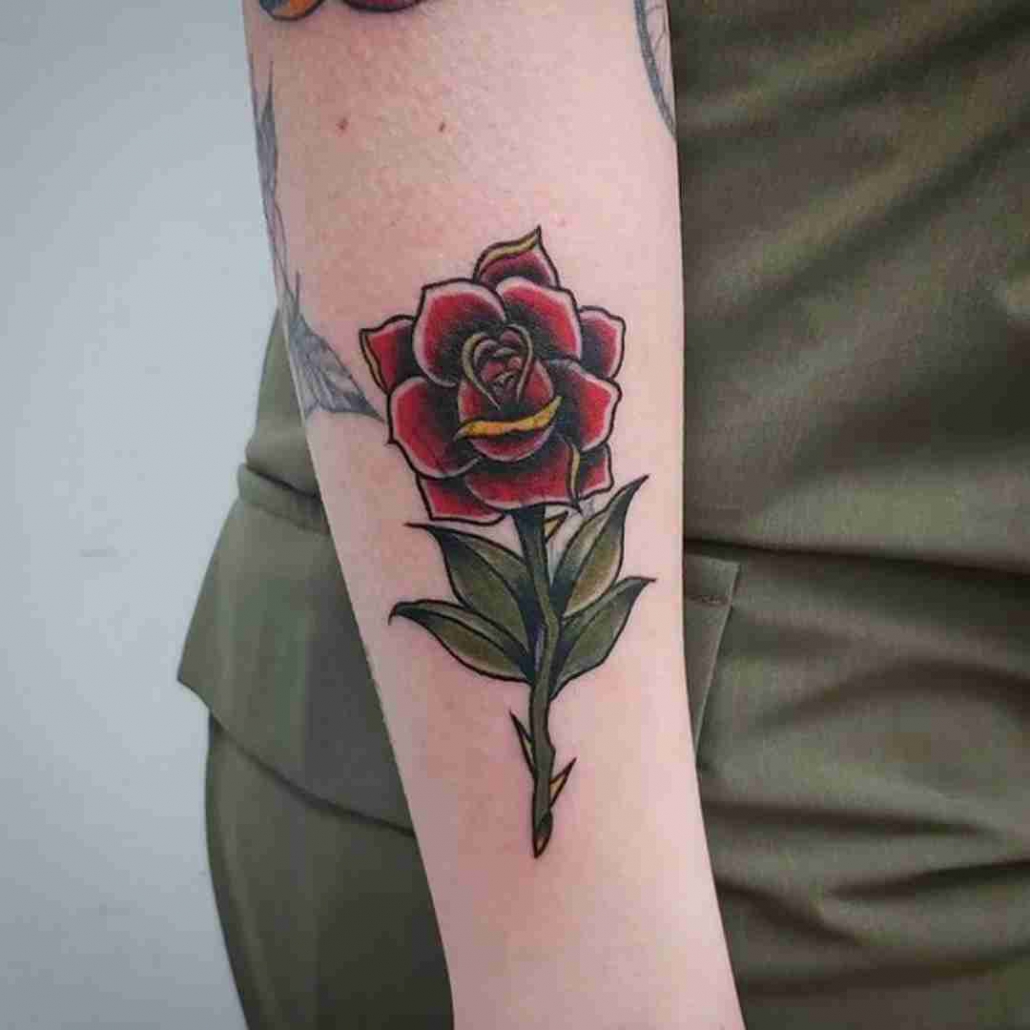 Traditional Rose Tattoo by Josh Teague at Black Cat Collective, Perkasie PA  – Black Cat Collective