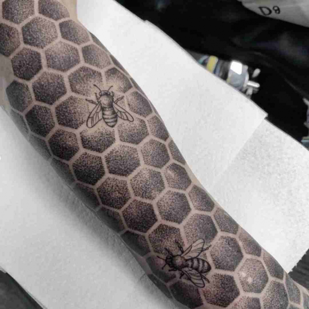 Honeycomb Tattoo in progress by Roger! #tattoo #tattooideas #tattooed #ink  #inked #eternalink #honeycomb #honeycombtattoo #sleeve #akron #ohio #330  #art | By Shameless TattooFacebook