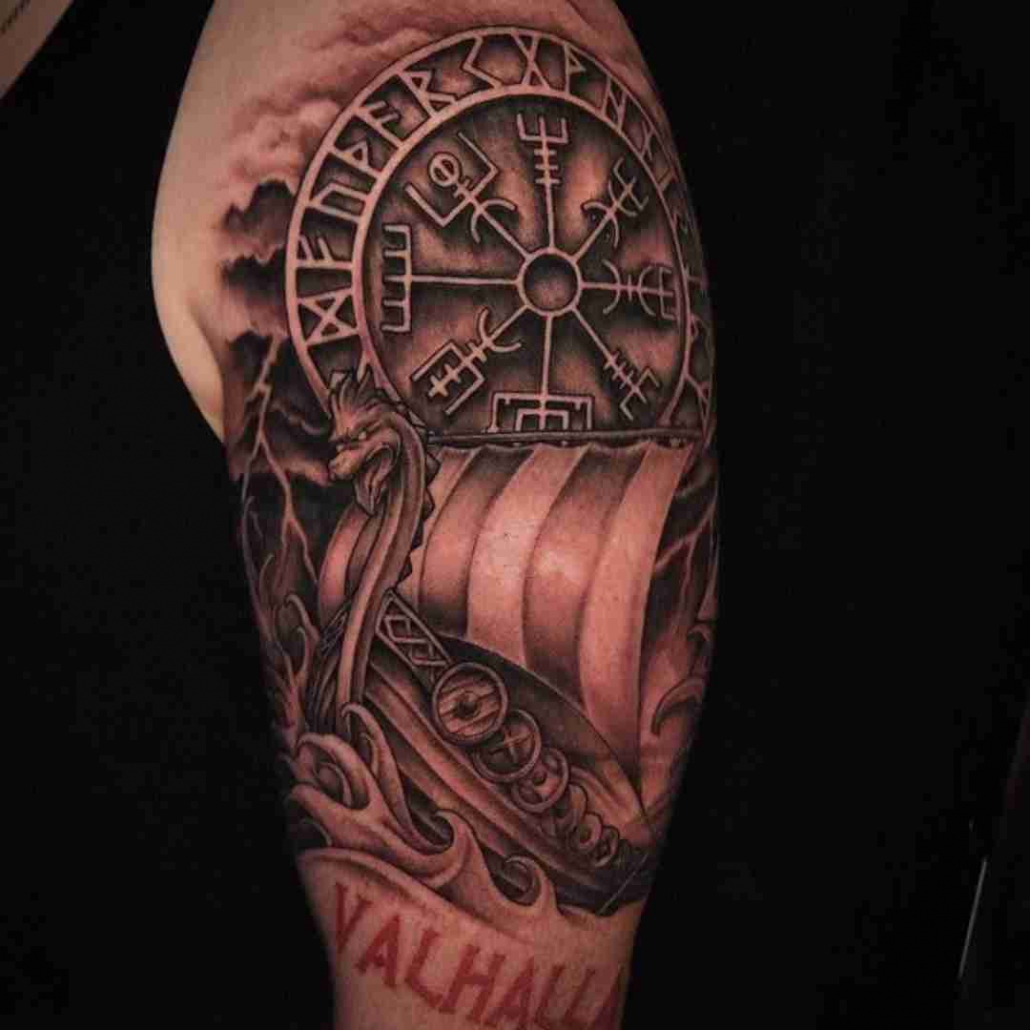 Man Chest Colored Viking Ship Tattoo
