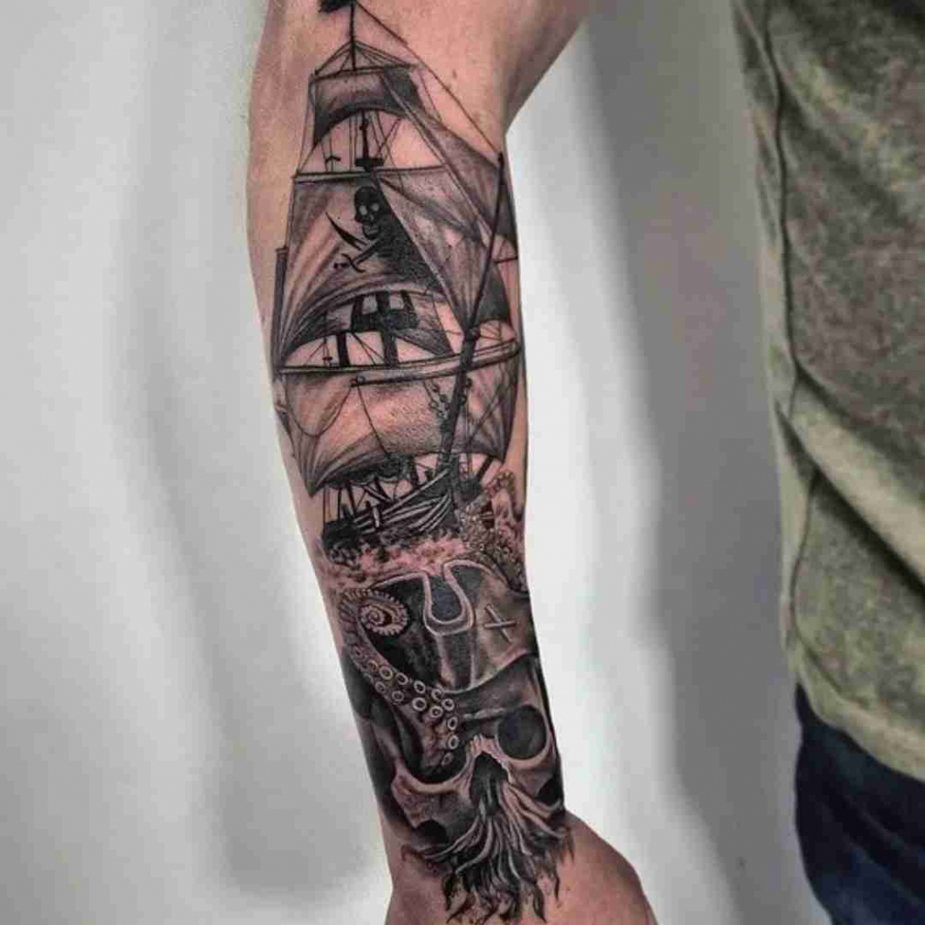 Black Ink Traditional Pirate Ship Tattoo On Man Right Side Rib | Tattoo on