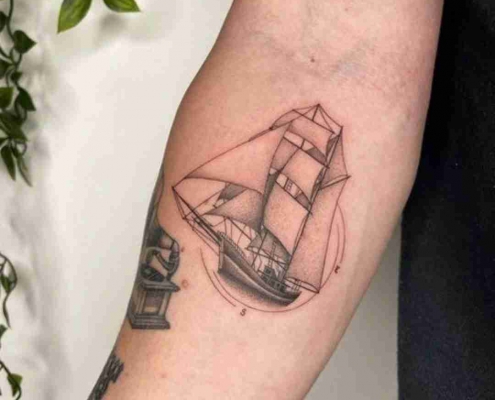 Small inner forearm ship tattoo by @johannekryger