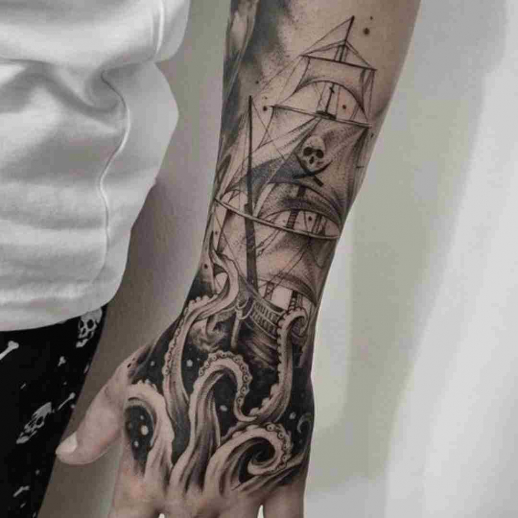 pirate ship tattoo leg