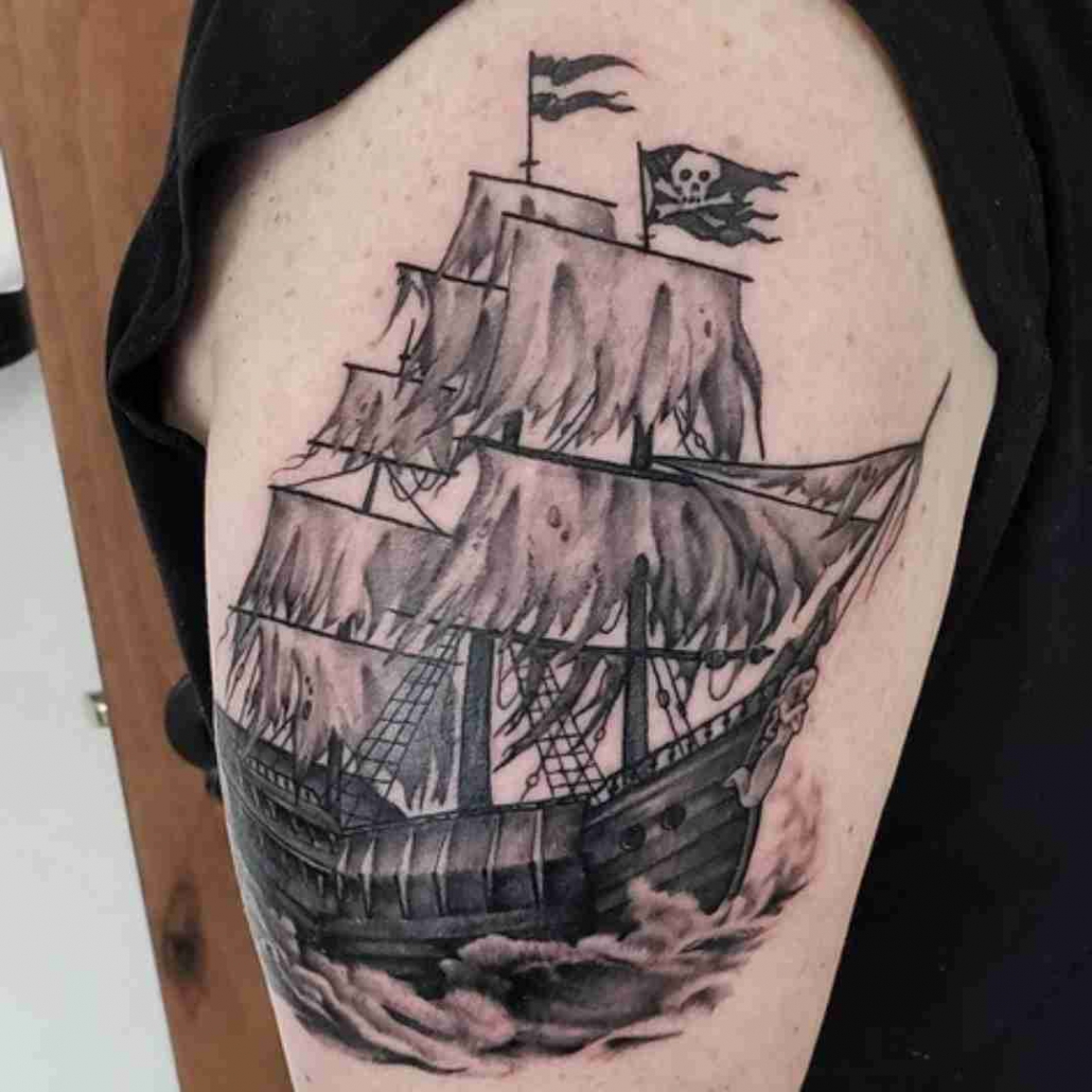 Siren and ghost ship cover up piece by Haylo TattooNOW
