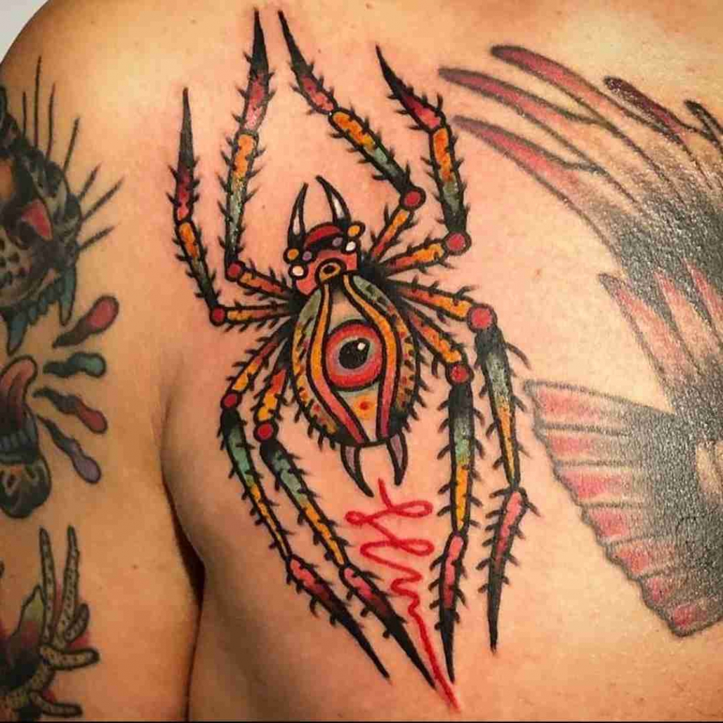 Spider tattoo I got to do. Thanks for coming in @tbob89 . . . . . #spider # tattoo #skull #traditionaltattoo #nature #wildlife #handmade ... | Instagram