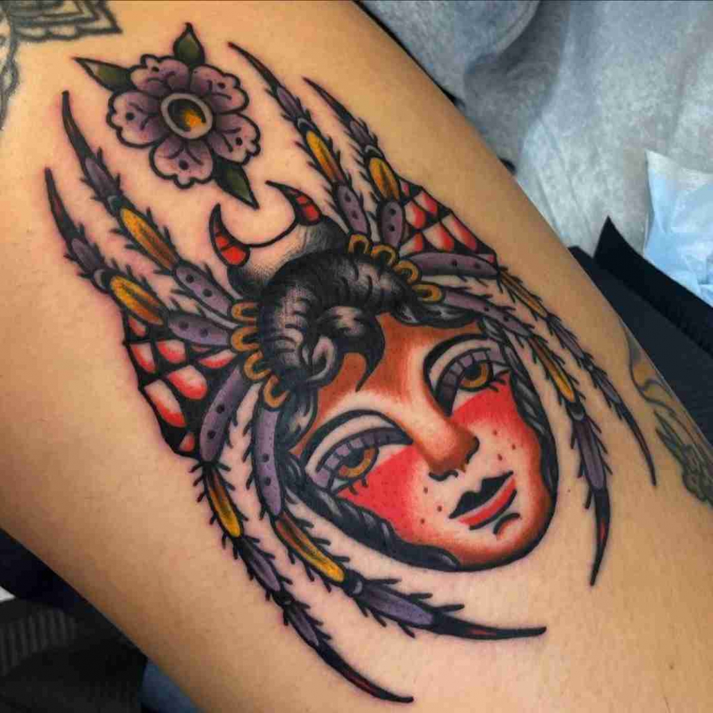 DARK HEARTS TATTOO | Traditional spider lady by @Victor_GonzalezJr. . .  #americantraditionaltattoo #traditionaltattoo #traddyzaddy #traddydaddy  #americantradi... | Instagram