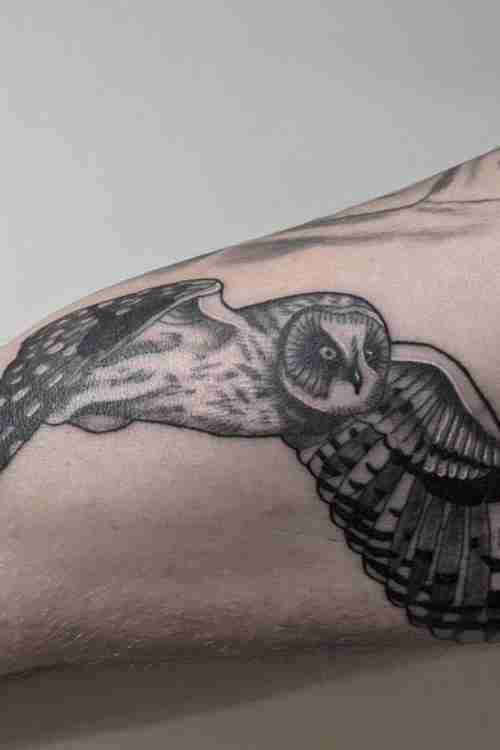 flying owl leg tattoo