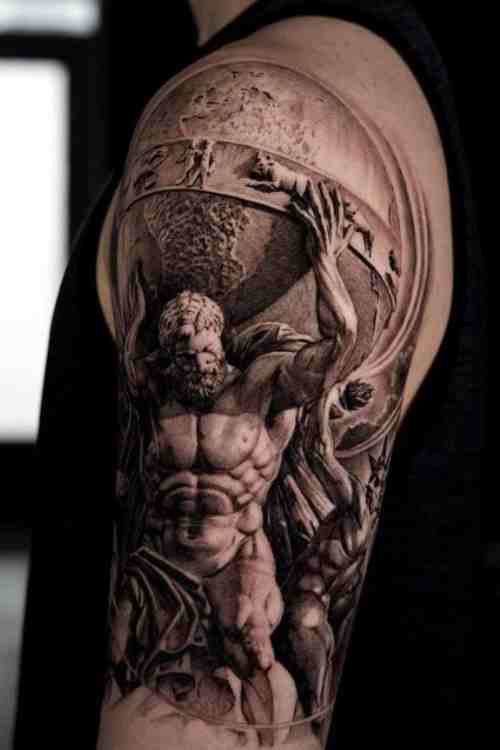 Shoulder sleeve Atlas tattoo by @kchen.tattoo