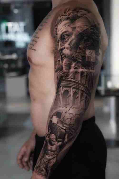 Atlas and Zeus tattoo sleeve in black and grey style.