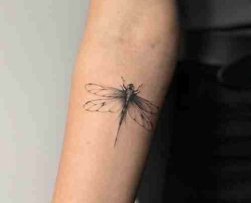 Small dragonfly tattoo on the inner forearm